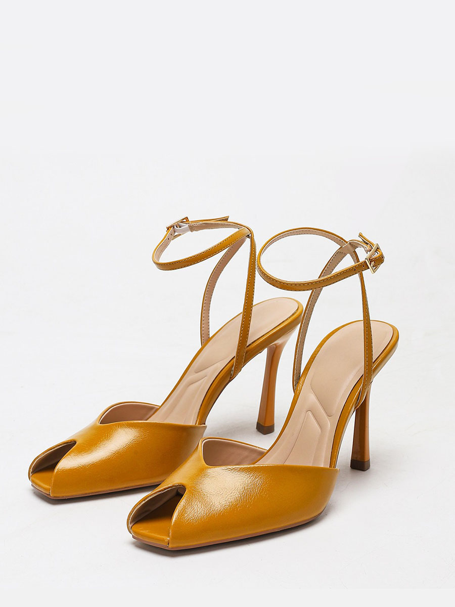 Women’s Yellow Oil Waxed Synthetic Leather Ankle Strap Buckle Peep Toe Stiletto Heels Sandals (2)