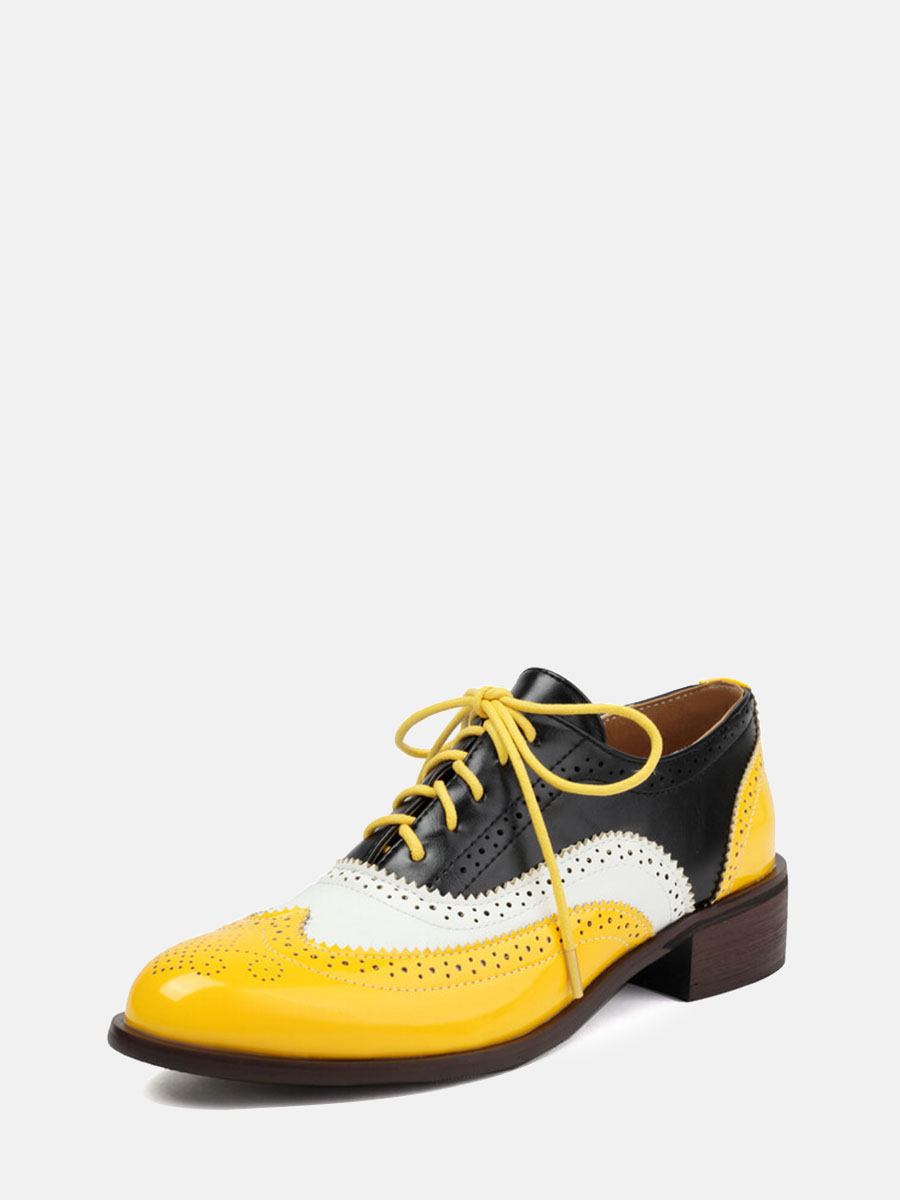 Women’s Yellow Patent Microfiber Leather Brogue Lace-Up Low Block Heels Oxfords