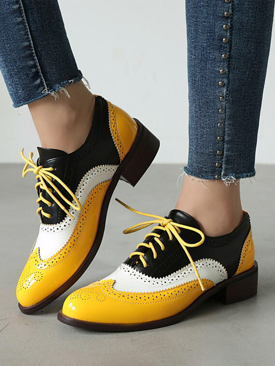 Women’s Yellow Patent Microfiber Leather Brogue Lace-Up Low Block Heels Oxfords (3)