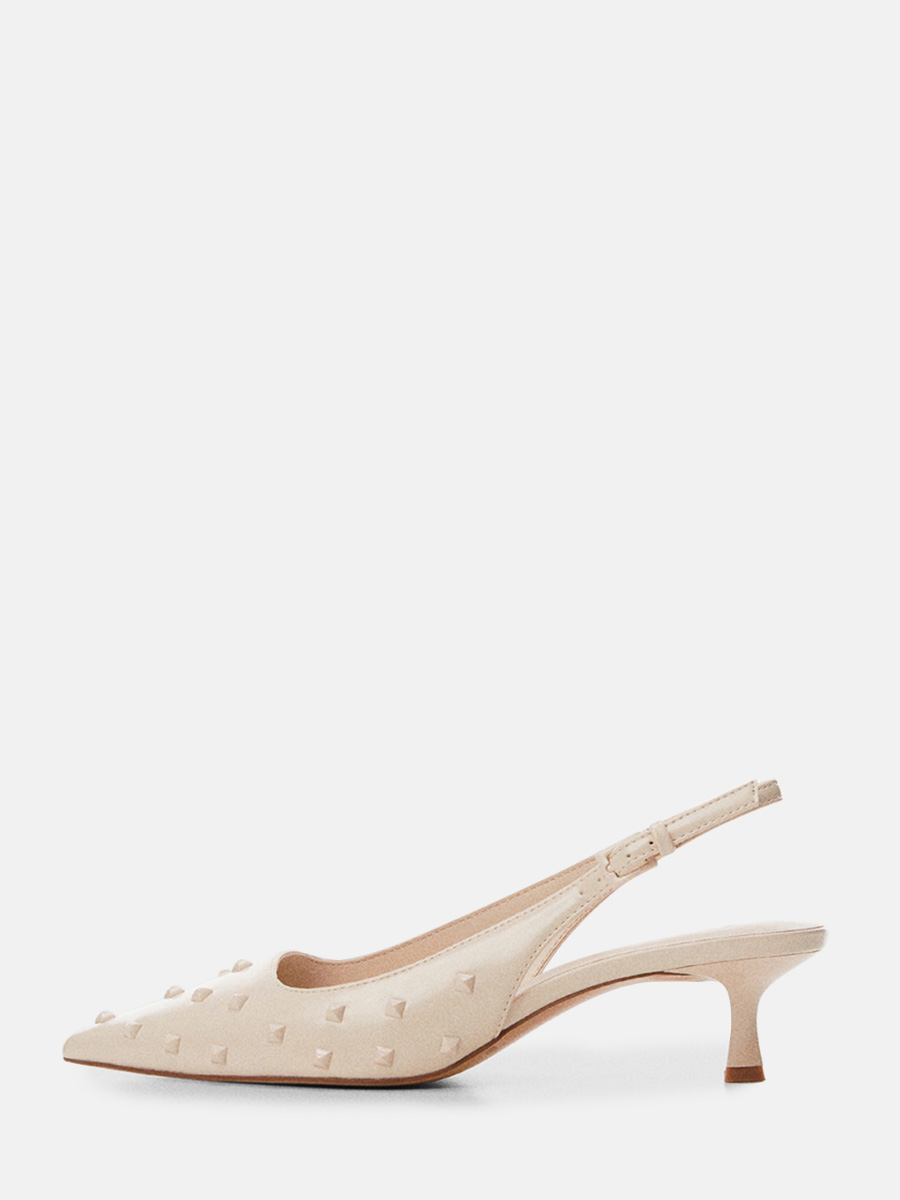 Women’s Beige PU Pointed Toe Pyramid Stud Slingback Buckle Kitten Heels