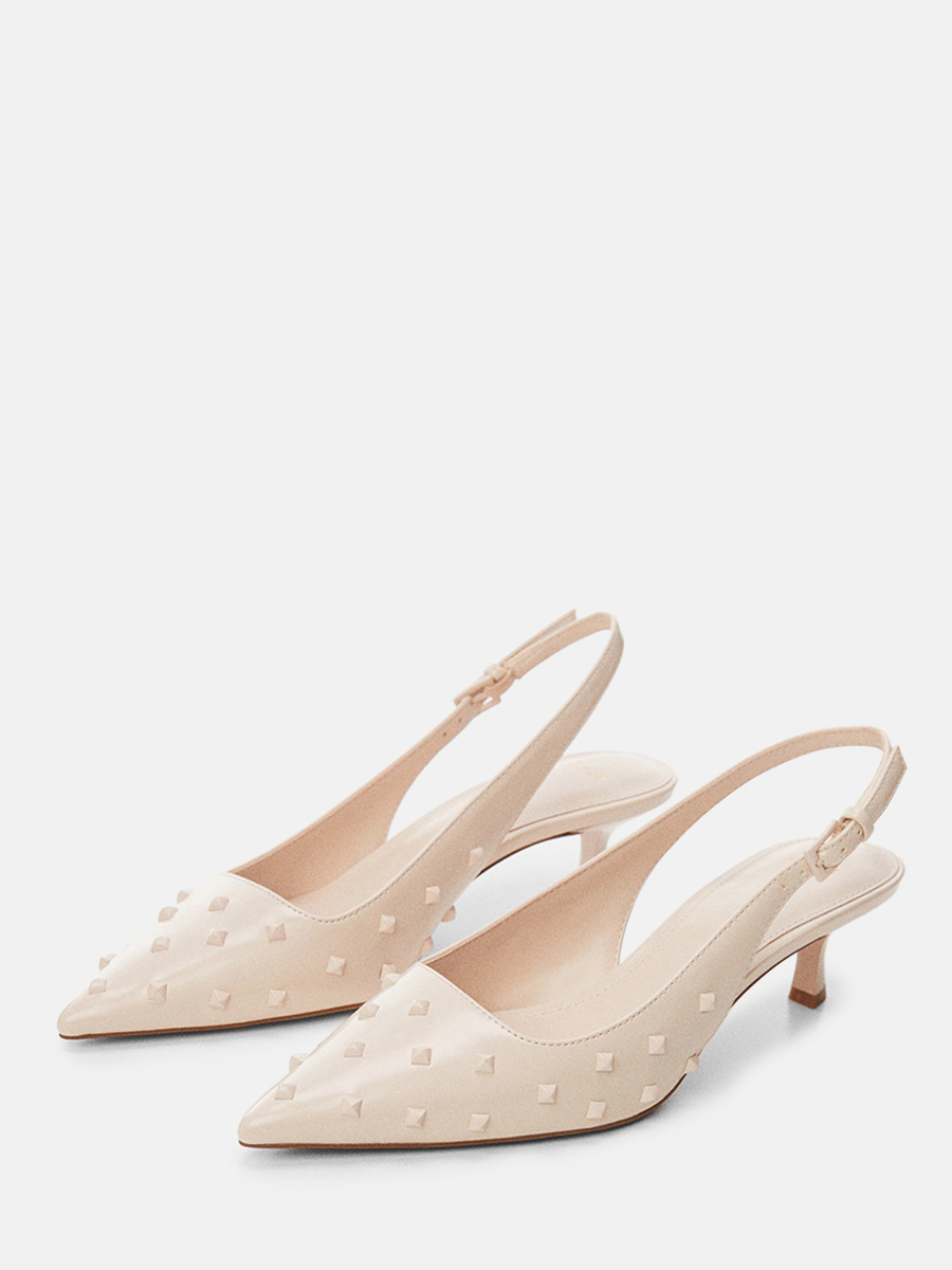 Women’s Beige PU Pointed Toe Pyramid Stud Slingback Buckle Kitten Heels (2)