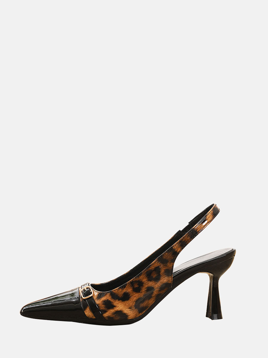 Women’s Black Leopard Print Patent Synthetic Buckle Slingback Pointed Toe Stiletto Heels