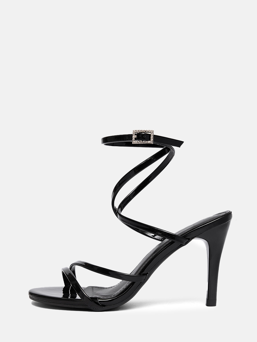Women’s Black Metallic PU Rhinestone Buckle Ankle Strappy Stiletto Heels Sandals