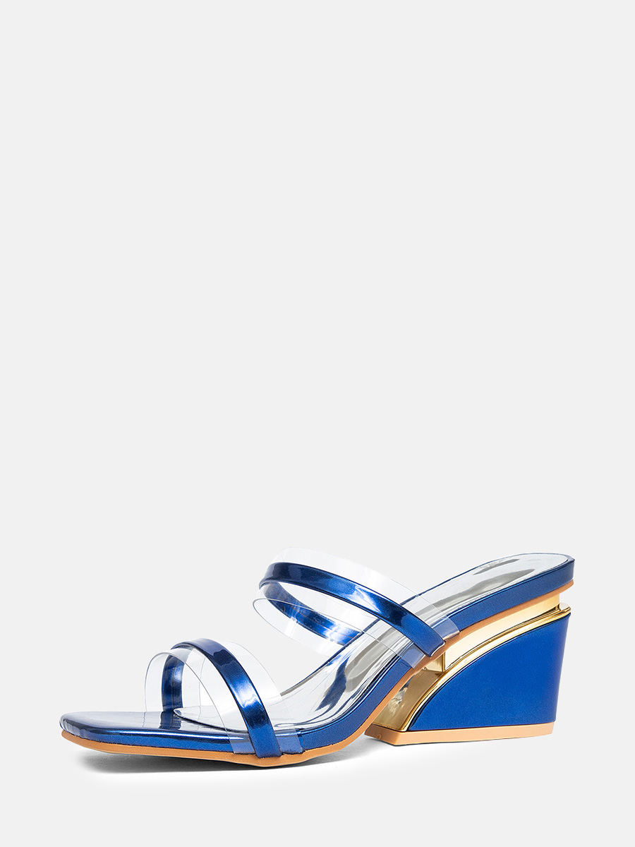 Women’s Blue Metallic PU Clear Strap Square Toe Wedge Heels Slide Sandals