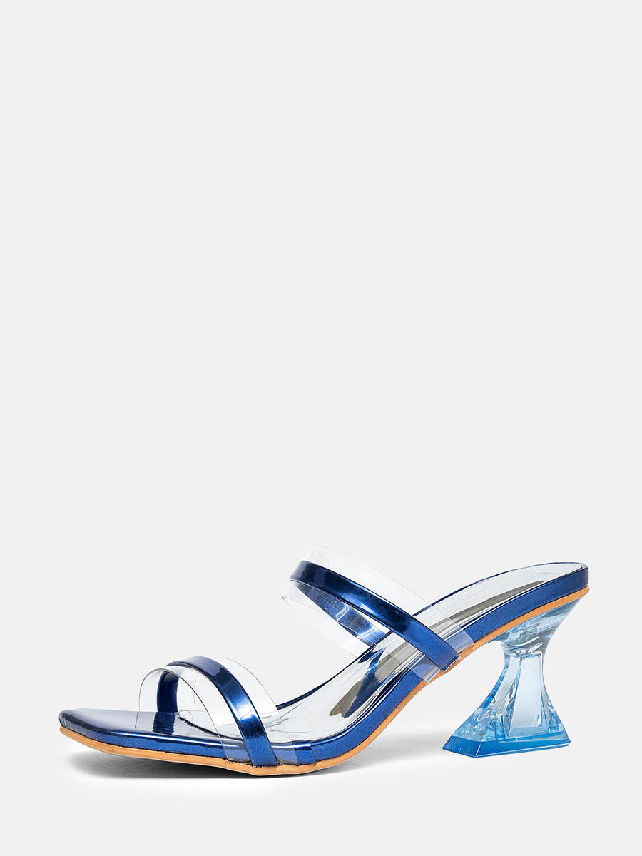 Women’s Blue PU Transparent Strap Flared Block Heels Slide Sandals