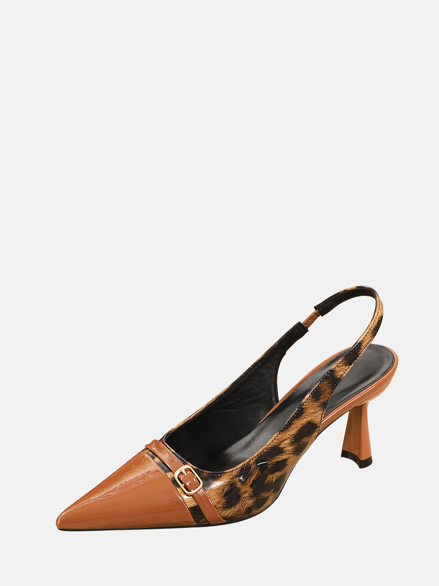 Women’s Brown Leopard Print Patent Synthetic Buckle Slingback Pointed Toe Stiletto Heels