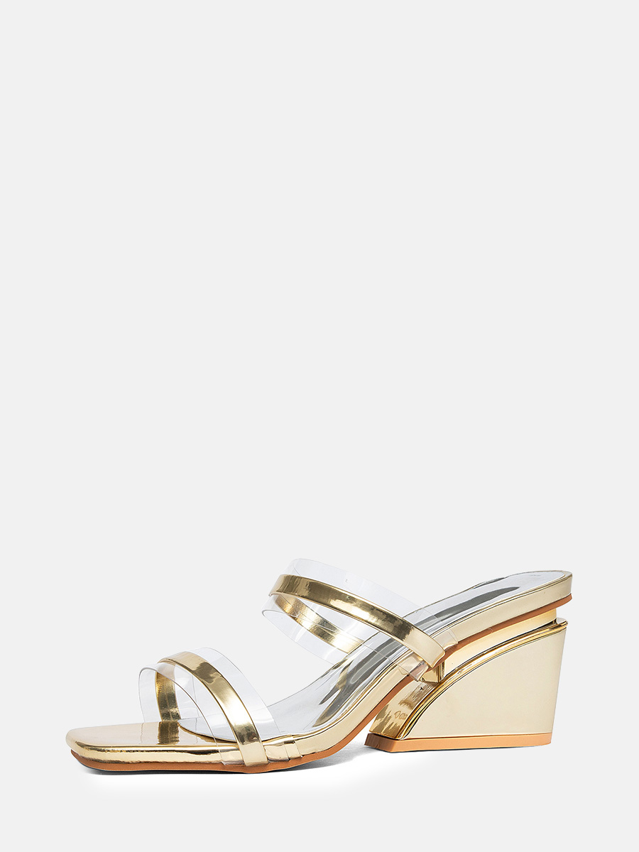 Women’s Gold Metallic PU Clear Strap Square Toe Wedge Heels Slide Sandals