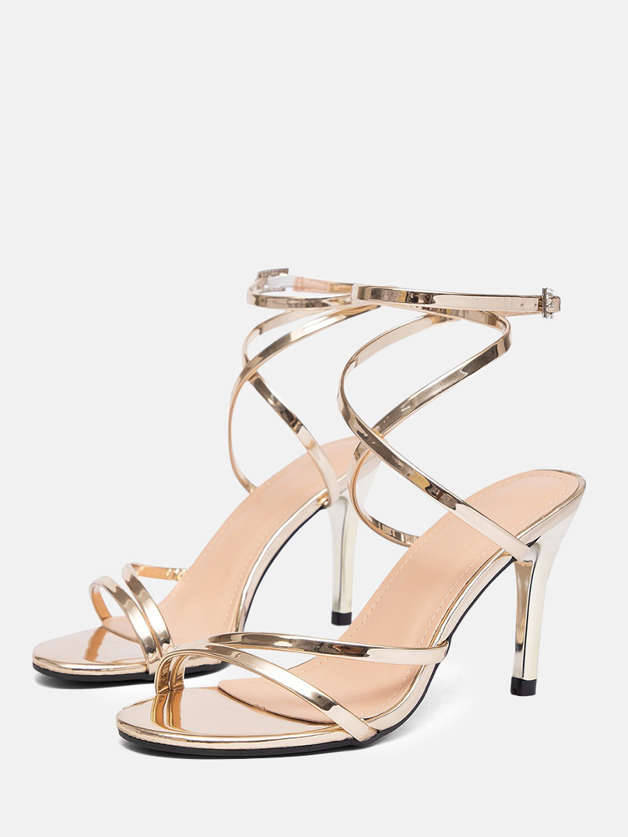 Women’s Gold Metallic PU Rhinestone Buckle Ankle Strappy Stiletto Heels Sandals (1)