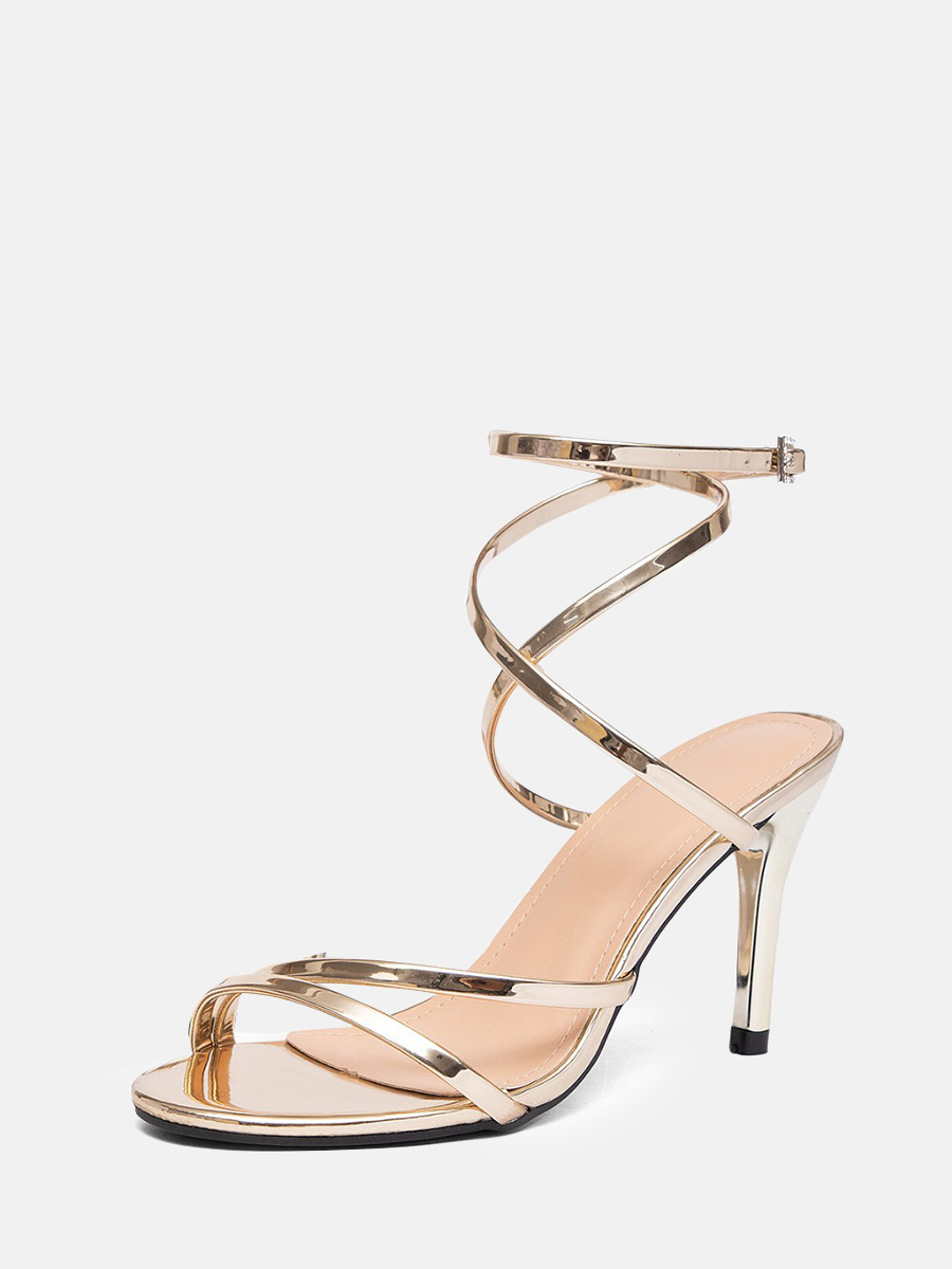 Women’s Gold Metallic PU Rhinestone Buckle Ankle Strappy Stiletto Heels Sandals