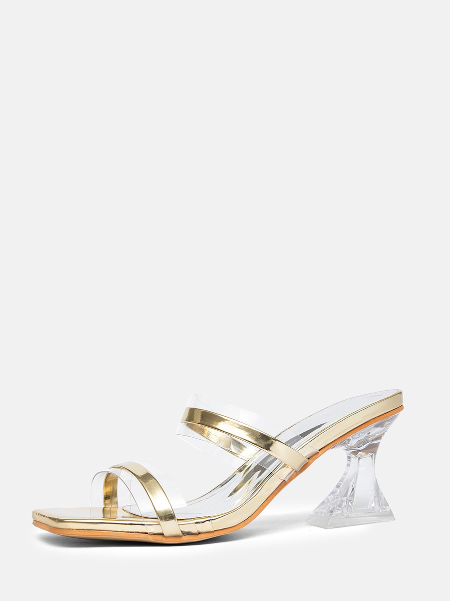 Women’s Gold PU Transparent Strap Flared Block Heels Slide Sandals