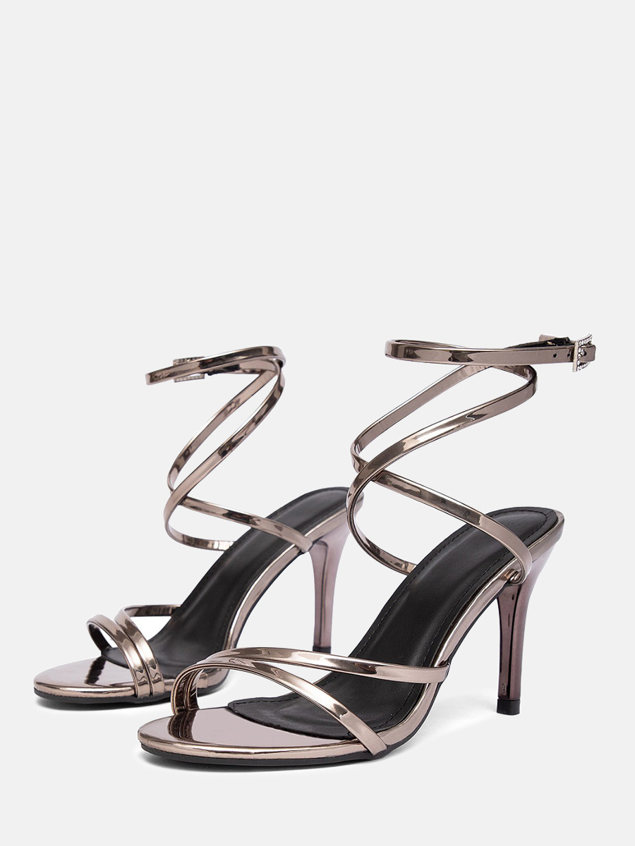 Women’s Grey Metallic PU Rhinestone Buckle Ankle Strappy Stiletto Heels Sandals (1)