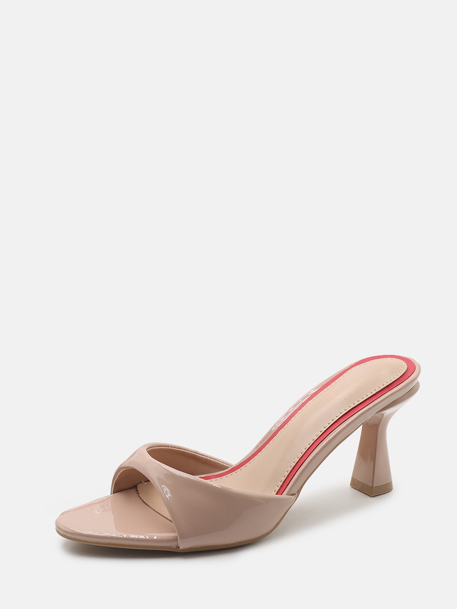 Women’s Nude Patent Leather Slip-On Pointed Toe Stiletto Heels Mules Sandals (1)