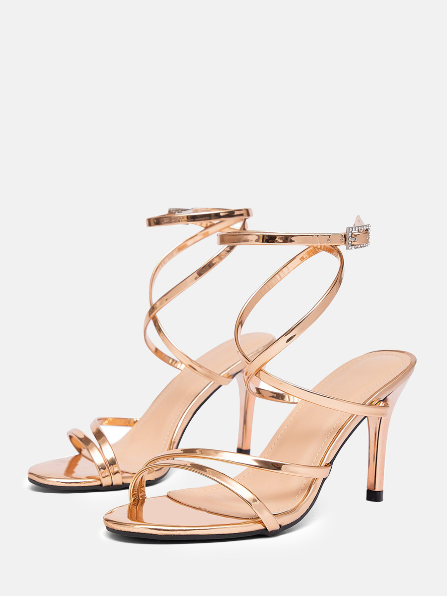 Women’s Rose Gold Metallic PU Rhinestone Buckle Ankle Strappy Stiletto Heels Sandals (1)