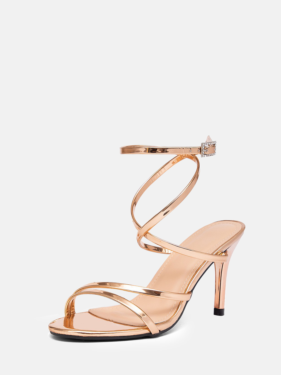 Women’s Rose Gold Metallic PU Rhinestone Buckle Ankle Strappy Stiletto Heels Sandals