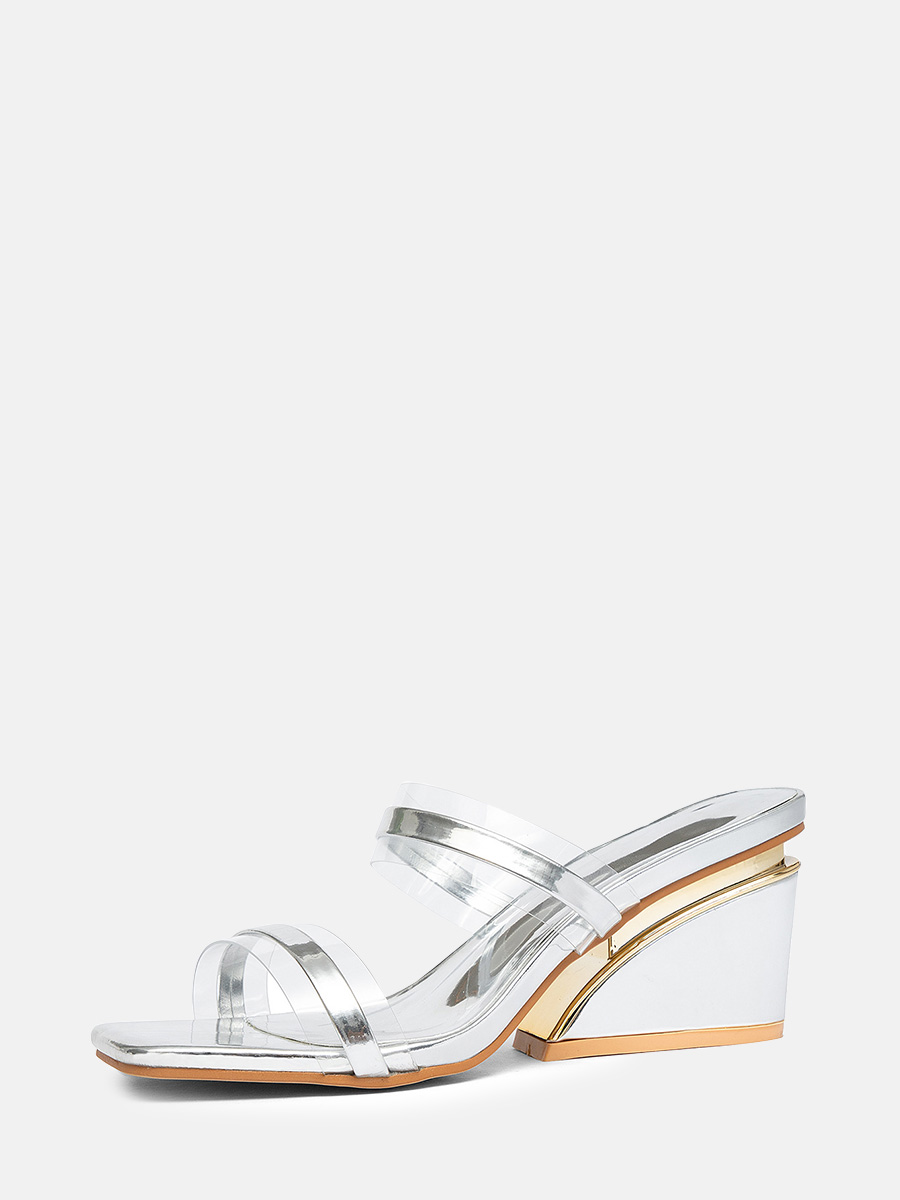 Women’s Silver Metallic PU Clear Strap Square Toe Wedge Heels Slide Sandals