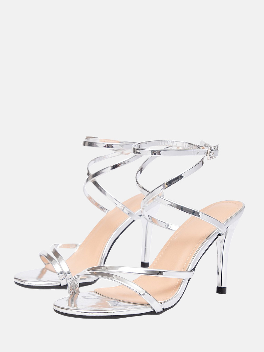 Women’s Silver Metallic PU Rhinestone Buckle Ankle Strappy Stiletto Heels Sandals (1)