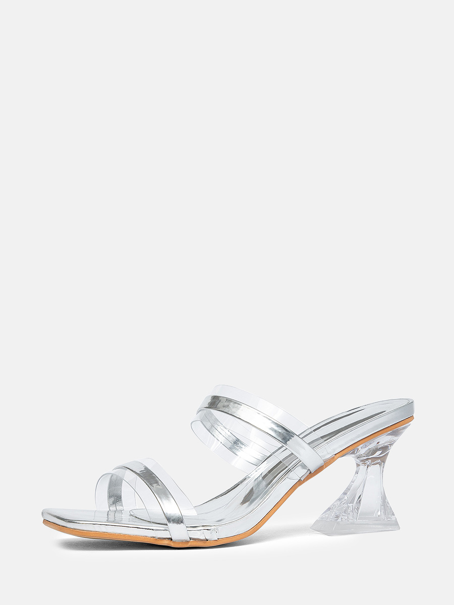 Women’s Silver PU Transparent Strap Flared Block Heels Slide Sandals