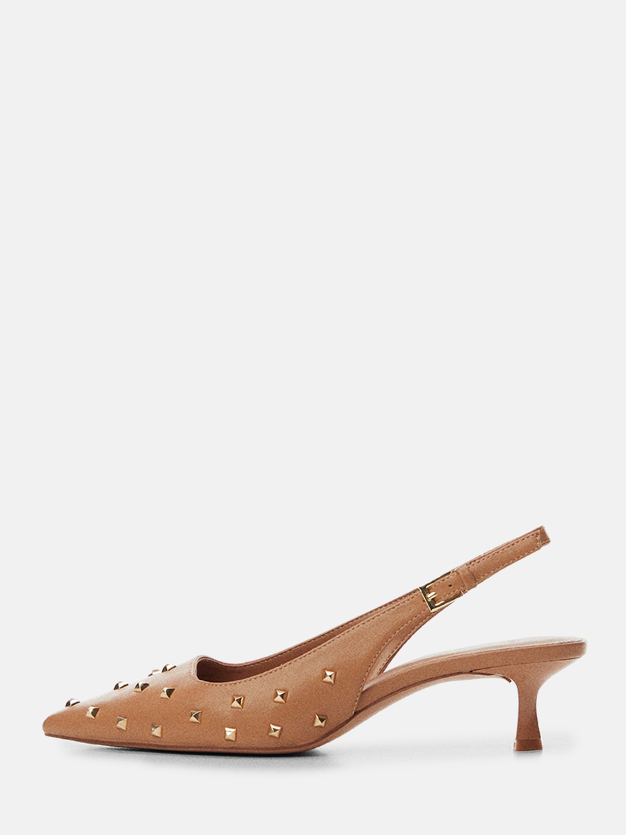 Women’s Tan PU Pointed Toe Pyramid Stud Slingback Buckle Kitten Heels