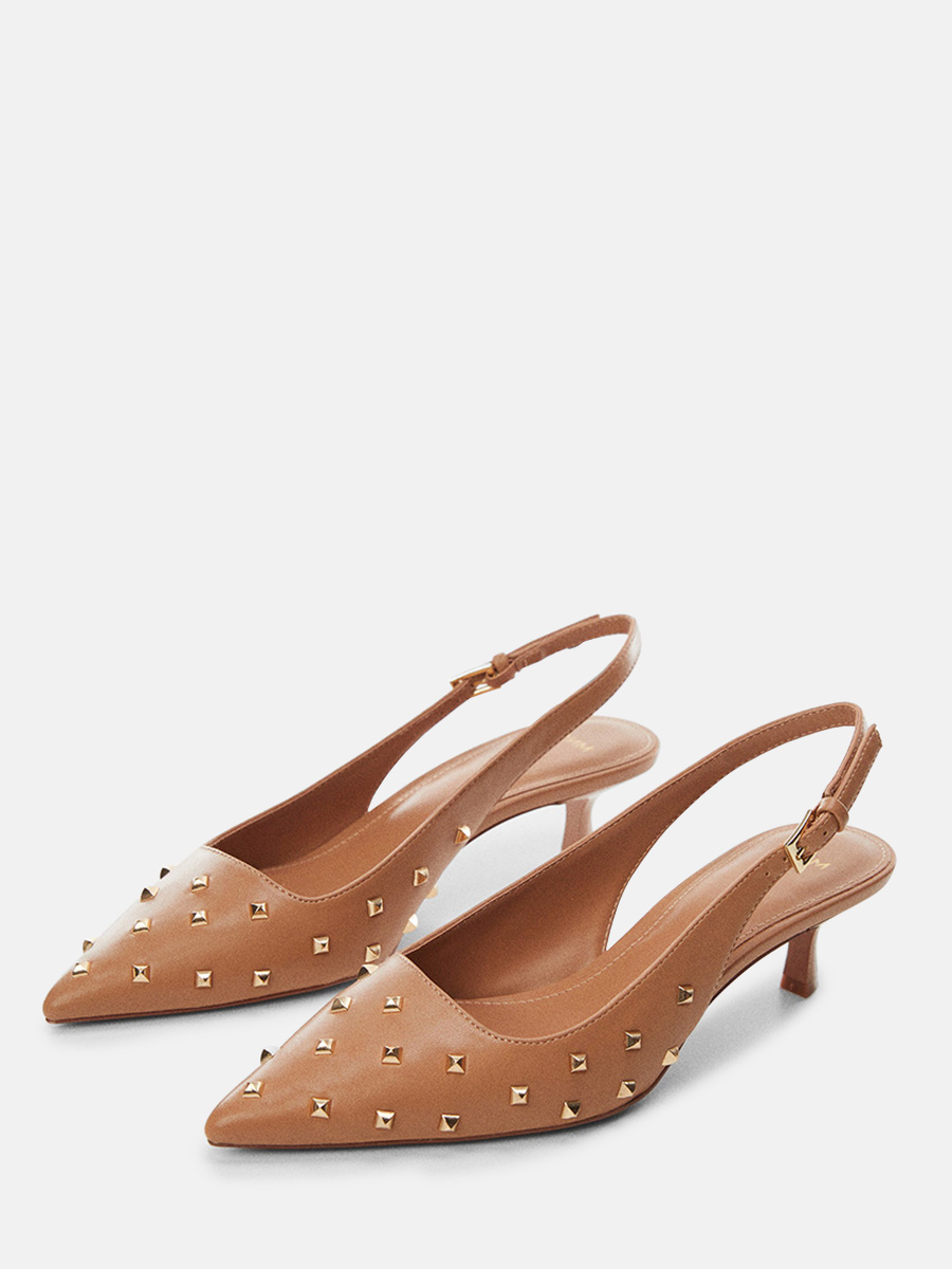 Women’s Tan PU Pointed Toe Pyramid Stud Slingback Buckle Kitten Heels (2)