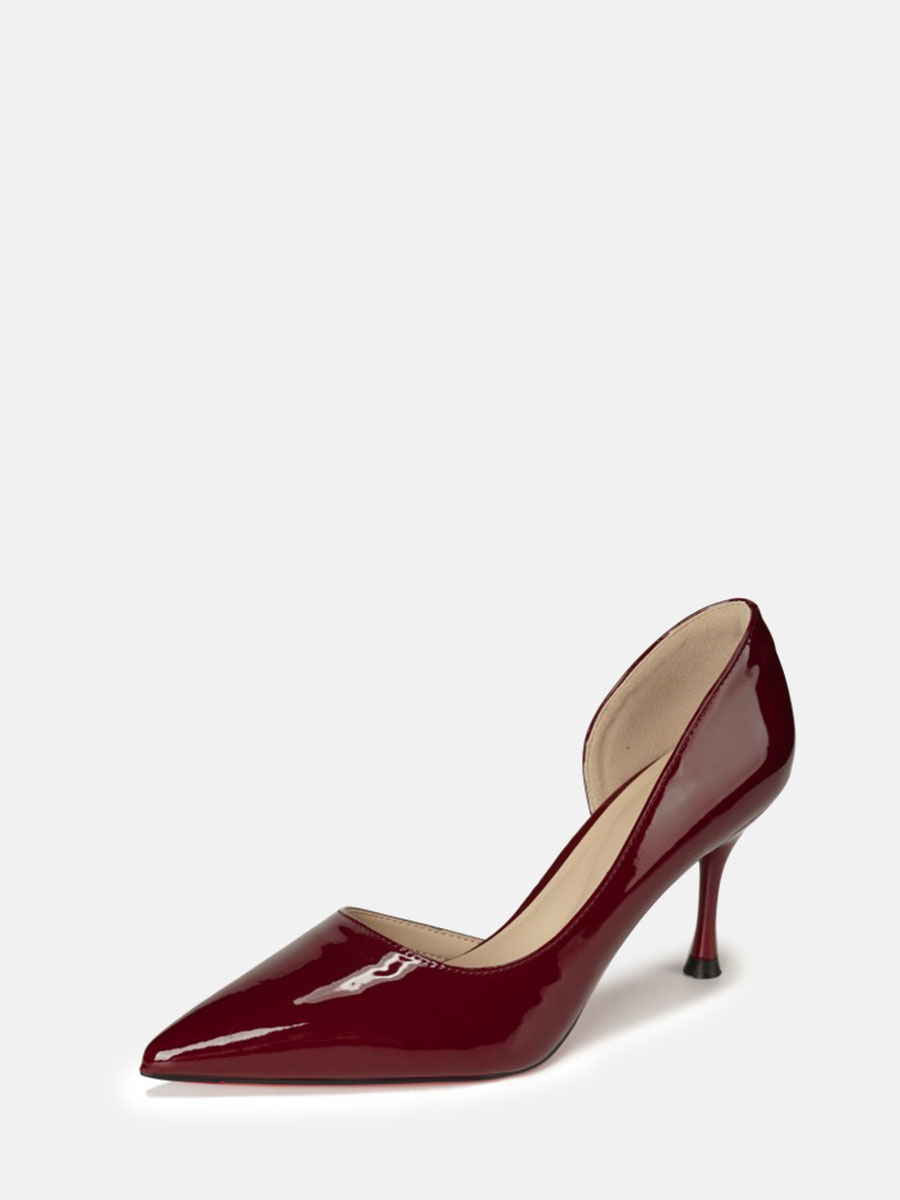 Women’s Wine Red Leather Side Cutout Pointed Toe Stiletto Heels D'Orsay Pumps