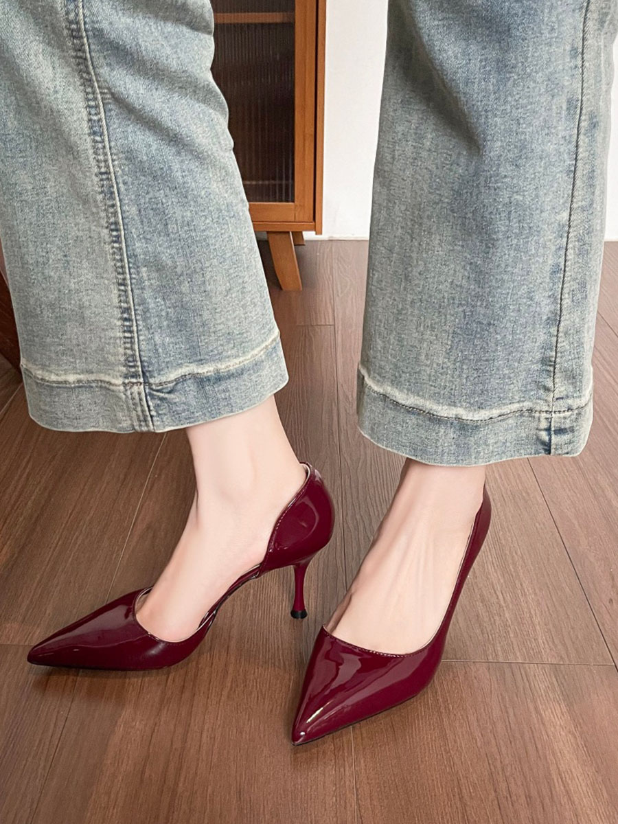 Women’s Wine Red Leather Side Cutout Pointed Toe Stiletto Heels D’Orsay Pumps (3)