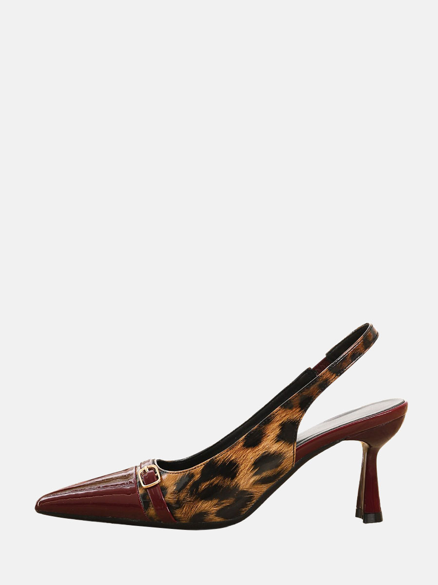 Women’s Wine Red Leopard Print Patent Synthetic Buckle Slingback Pointed Toe Stiletto Heels